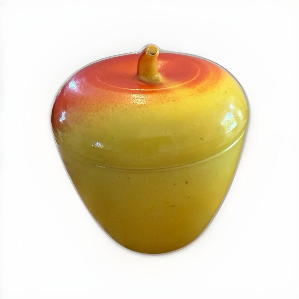 Vtg Hazel Atlas Red & Yellow Milk Glass Apple Sugar Bowl Jam Jelly Jar Stem Lid